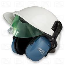 safety helmet with visor and ear defenders