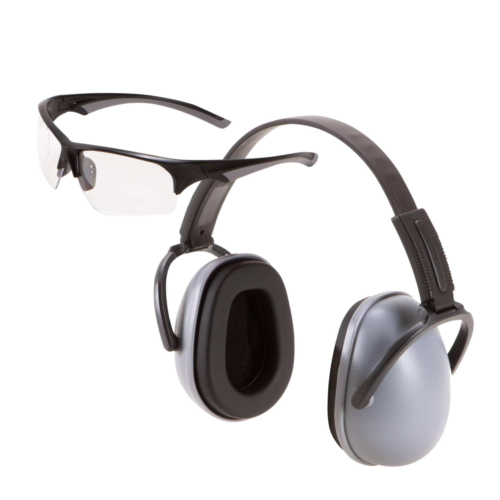 ear muffs with safety glasses attached